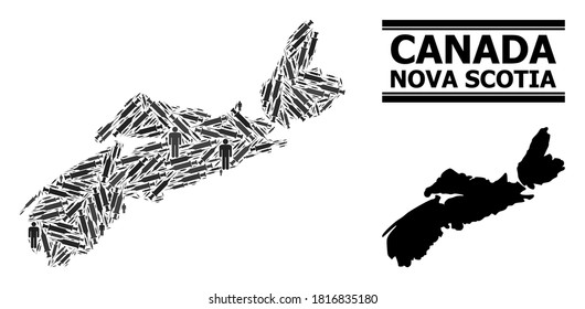 Virus therapy mosaic and solid map of Nova Scotia Province. Vector map of Nova Scotia Province is composed from injection needles and people figures. Illustration is useful for pandemic templates.