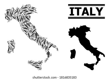 Virus therapy mosaic and solid map of Italy. Vector map of Italy is formed from vaccine symbols and human figures. Abstraction is useful for safety aims. Final win over asian flu.