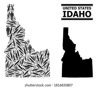 Virus therapy mosaic and solid map of Idaho State. Vector map of Idaho State is formed from vaccine doses and men figures. Abstraction is useful for outbreak alerts. Final win over coronavirus.