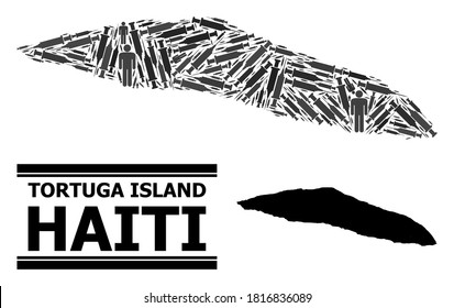 Virus therapy mosaic and solid map of Haiti Tortuga Island. Vector map of Haiti Tortuga Island is designed of vaccine symbols and human figures. Abstraction is useful for safety ads.