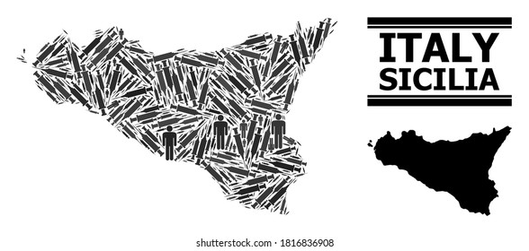 Virus therapy mosaic and solid map of Sicilia Island. Vector map of Sicilia Island is organized from vaccine symbols and people figures. Template is useful for quarantine ads.