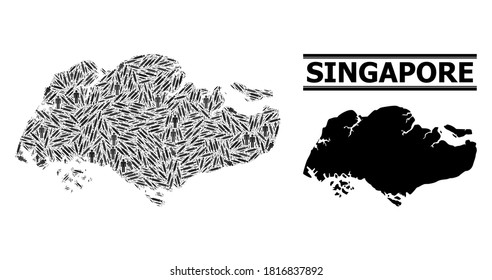Virus therapy mosaic and solid map of Singapore. Vector map of Singapore is created from injection needles and men figures. Template is useful for quarantine templates.