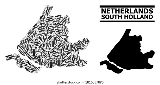 Virus therapy mosaic and solid map of South Holland. Vector map of South Holland is formed with syringes and men figures. Collage is useful for isolation alerts. Final win over asian flu.