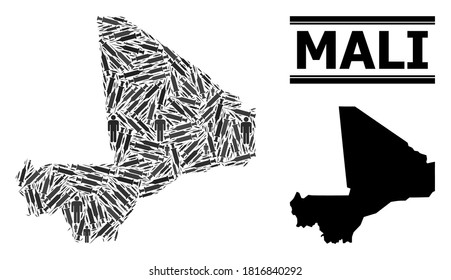 Virus therapy mosaic and solid map of Mali. Vector map of Mali is made with injection needles and men figures. Collage is useful for medical purposes. Final solution over virus outbreak.