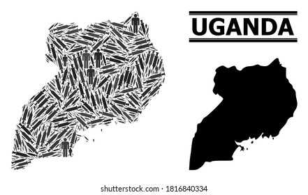 Virus therapy mosaic and solid map of Uganda. Vector map of Uganda is designed from inoculation icons and human figures. Illustration is useful for health care posters. Final win over virus outbreak.