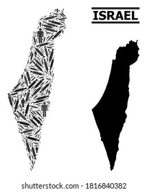 Virus therapy mosaic and solid map of Israel. Vector map of Israel is composed with syringes and men figures. Template is useful for medicine aims. Final solution over virus outbreak.