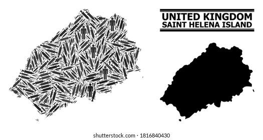 Virus therapy mosaic and solid map of Saint Helena Island. Vector map of Saint Helena Island is created with vaccine doses and people figures. Template is useful for political alerts.