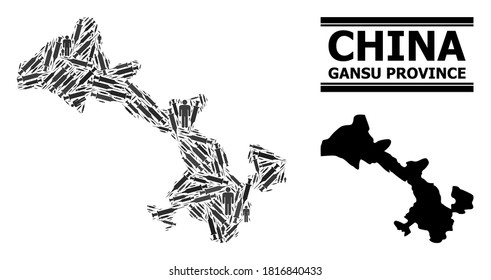 Virus therapy mosaic and solid map of Gansu Province. Vector map of Gansu Province is organized from syringes and human figures. Template is useful for lockdown templates.
