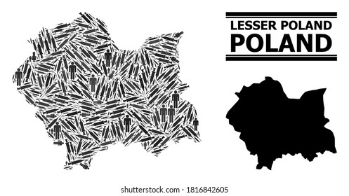 Virus therapy mosaic and solid map of Lesser Poland Province. Vector map of Lesser Poland Province is done with inoculation icons and men figures. Template is useful for treatment alerts.