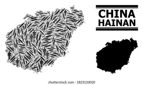 Virus therapy mosaic and solid map of Hainan Island. Vector map of Hainan Island is designed of inoculation icons and human figures. Template is useful for quarantine aims.