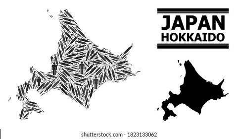Virus therapy mosaic and solid map of Hokkaido Island. Vector map of Hokkaido Island is made from vaccine doses and men figures. Illustration is useful for health care posters.