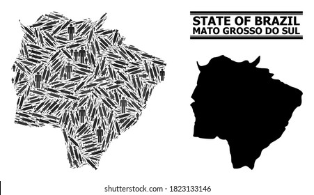 Mosaico de terapia de virus y mapa sólido del estado de Mato Grosso do Sul. Mapa vectorial del estado de Mato Grosso do Sul está formado por agujas de inyección y figuras de personas. La ilustración es útil para objetivos de bloqueo.