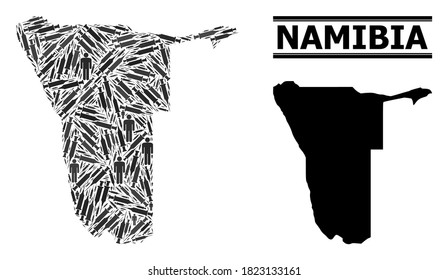 Virus therapy mosaic and solid map of Namibia. Vector map of Namibia is composed of vaccine symbols and human figures. Collage is useful for quarantine ads. Final win over virus outbreak.