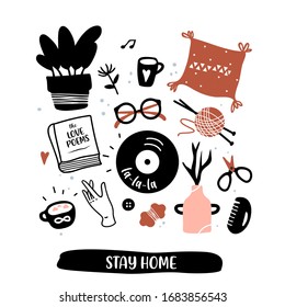 Virus time isolation at home. Stay home poster. Things to enjoy , slow living. Isolated vector illustration.