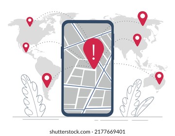 Virus Tracking App. Smartphone Antivirus Application Or Program, Disease Protection And Infection Points On Map. Disease Prevention, Geolocation And Gps Software. Cartoon Flat Vector Illustration