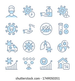 Virus, Transmission of coronavirus disease related blue line colored icons. Coronavirus disease and quarantine icon set.