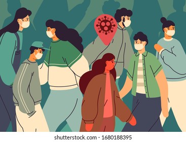 Virus transmission. Infected person among healthy people. Crowd of men and women in face masks. Coronavirus epidemic protection. Disease contamination concept. Vector illustration flat cartoon style.