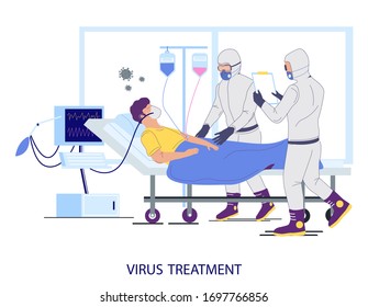 Virus Treatment Concept Vector Flat Illustration. Doctors In Full Hazmat Suits Providing Medical Help In Hospital ICU Room To Patient Suffering Severe Acute Respiratory Corona Virus Disease COVID-19.