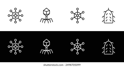 Virus type icon set. Flat design symbol collection isolated on black and white background. Influenza, rabies, bacteriophage, and adenovirus.