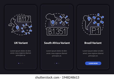 Virus types onboarding mobile app page screen with concepts. Uk variant of disease walkthrough 3 steps graphic instructions. UI, UX, GUI vector template with linear night mode illustrations