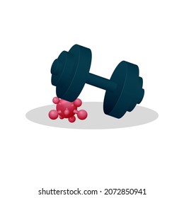 The virus is under a dumbbell or barbell. The concept of victory over diseases with the help of sports.