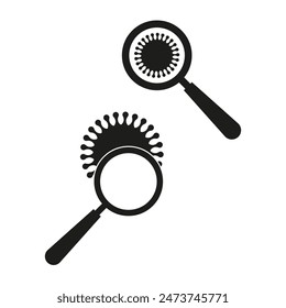 Virus bajo Vector de lupa. Iconos de lupa. Símbolos de investigación de microbiología. Diseño simple en negro.