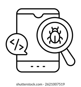 Virus under magnifying glass, debugging icon