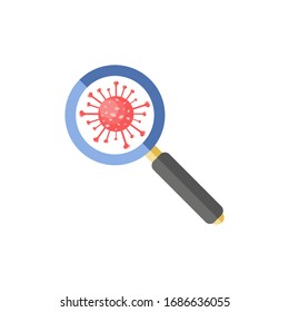 Virus under a magnifying glass on an isolated white background. Red Coronavirus molecule in flat design. COVID-19. Infection detection concept. Vector stock illustration.