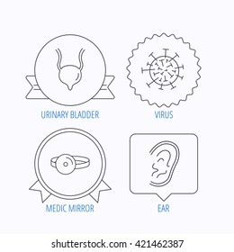 Virus, urinary bladder and ear icons. Medical mirror linear signs. Award medal, star label and speech bubble designs. Vector