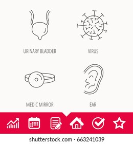 Virus, urinary bladder and ear icons. Medical mirror linear signs. Edit document, Calendar and Graph chart signs. Star, Check and House web icons. Vector