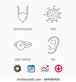 Virus, urinary bladder and ear icons. Medical mirror linear signs. Calendar, Graph chart and Cogwheel signs. Download colored web icon. Vector