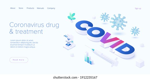 Virus vaccination in isometric vector design. Flu or coronavirus research. Medical covid antidote or antivirus vaccine. Pandemic background. Web banner layout template.