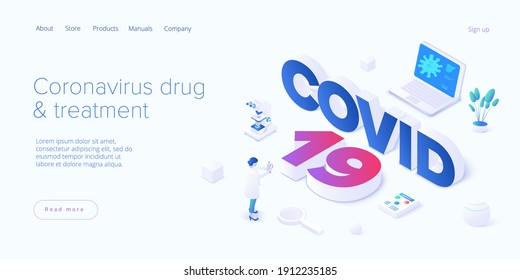 Virus vaccination in isometric vector design. Flu or coronavirus research. Medical covid antidote or antivirus vaccine. Pandemic background. Web banner layout template.