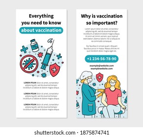 Virus vaccination leaflet flyer for printing in Doodle style, vector template. Doctor gives an injection of the vaccine to a female patient.