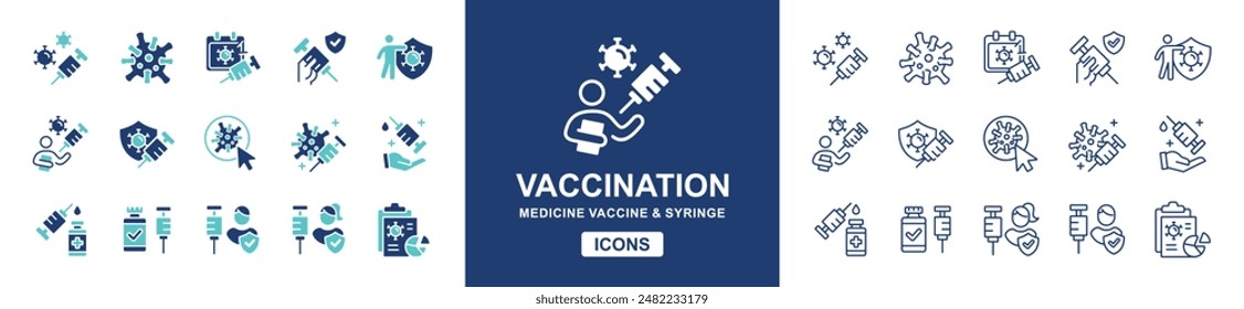 conjunto de iconos de inyección de jeringuillas de vacunación contra el virus Ilustración vectorial de inyección de jeringuillas de tratamiento contra el coronavirus