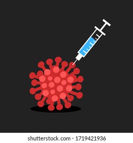 Virus, vaccination and vaccine. Injection with substance is jabbed into infectious and contagious virion.  Vector illustration isolated on black.