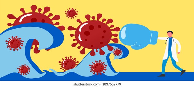 Virus vaccine covid19 coronavirus.Doctor punch covid in second wave.Medical fight disease control as a doctor fighting a group of contagious pathogen cells.Fight and protect COVID-19 Coronavirus.