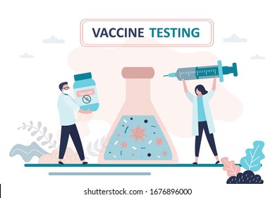 Virus vaccine development. Medical worker research and test new coronavirus vaccine. People in uniform holding medical supplies and syringe. Health care concept. Global covid 19 pandemic. Flat Vector