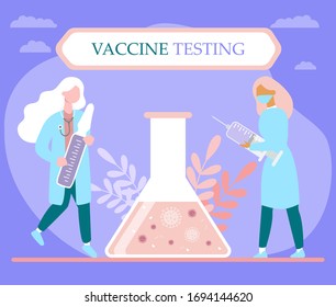 Virus vaccine development. Medical worker research and test new coronavirus vaccine. People in uniform holding medical supplies and syringe. Health care concept. Global covid 19 pandemic. Flat Vector