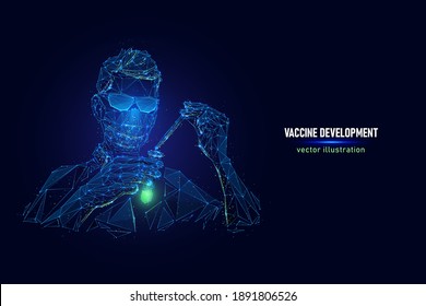 Virus vaccine development vector illustration. Digital wireframe of medical worker research and test new coronavirus vaccine made of connected dots. Blue low poly art of man holding medical supplies.