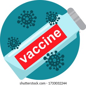 virus vaccine in a glass jar and viruses nearby fly
