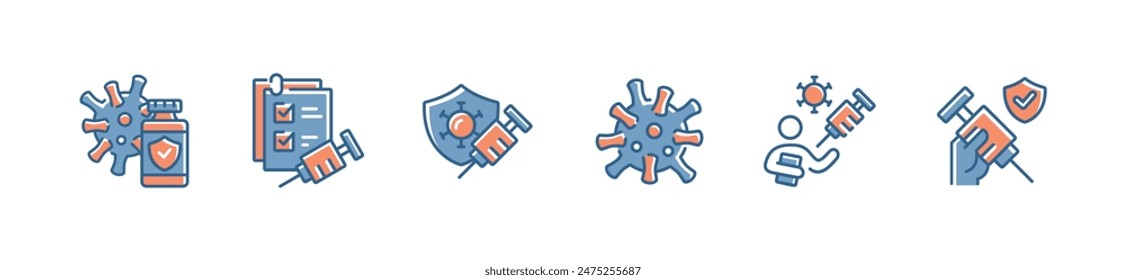 conjunto de iconos de vacunas contra el virus jeringa de medicina de inmunidad contra el coronavirus tratamiento de vacunación de salud inyección colección de Ilustración vectorial