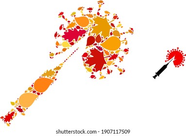 Virus Vaccine Injection mosaic icon made for fall season. Vector virus vaccine injection mosaic is constructed from randomized fall maple and oak leaves. Mosaic autumn leaves in bright gold,