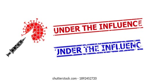 Virus vaccine injection star mosaic and grunge Under the Influence seals. Red and blue seals with distress texture and Under the Influence slogan.