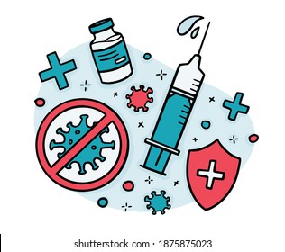Virus vaccine, syringe for injection. Vector illustration in doodle style