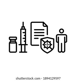 Virus vaccine, syringe, medical certificate and human. Line vector. Isolate on white background.