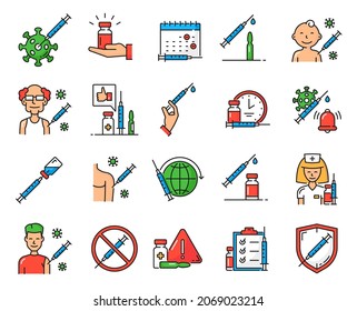 Virus Vaccine And Vaccination Color Line Icons Set. Coronavirus Vaccine, People Immunization Vector Icons With Syringe, Drug Bottle And Nurse, Happy Baby, Young And Old Man Getting Vaccine Injection