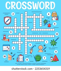 Virus vaccine and vaccination. Crossword grid worksheet. Find a word quiz, vocabulary game, crossword puzzle or riddle vector page with vaccination calendar, vaccine syringe and nurse, virus cells