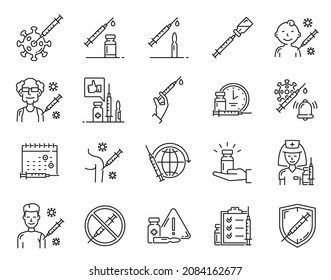 Virus Vaccine And Vaccination Line Icons With Syringe, Vaccine Bottle, COVID Virus Cell And Nurse Character, Clock, Vector Warning Sign, Old And Young People, Baby Getting Vaccination Dose Injection