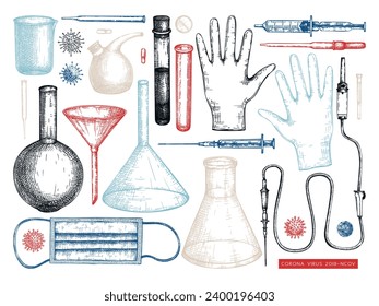 Conjunto de vector de la vacuna de virus. Recopilación de ilustraciones de la vacuna Covid-19 con frasco de vacuna, herramientas de inyección de jeringas y diferentes virus. Esbozos médicos de época